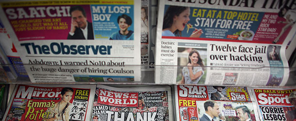 MANCHESTER, UNITED KINGDOM - JULY 10: Copies of the last-ever News of The World newspaper are for sale at a newsagents in central Manchester on July 10, 2011 in Manchester, England. Five million copies of the News of The World newspaper are being printed in this last-ever edition. The 168-year-old newspaper is being closed amid phone hacking and bribery allegations. (Photo by Christopher Furlong/Getty Images)
