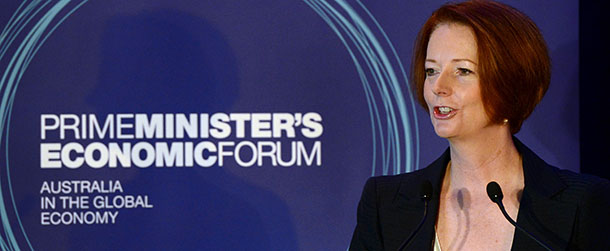 Australian Prime Minister Julia Gillard speaks at the Prime Minister's Economic Forum in Brisbane on June 13, 2012. The forum involves more than 100 delegates from unions, business and the community sector, is looking at productivity, growth, skills, infrastructure and innovation. AFP PHOTO/William WEST (Photo credit should read WILLIAM WEST/AFP/GettyImages)