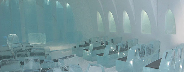 TO GO WITH A STORY BY Camille-Marie BAS-WOHLERT
This picture taken on March 10, 2012 shows a chapel at the new Ice Hotel in the village of Jukkasjarvi, near Kiruna, in Swedish Lapland. The Ice Hotel gets new design and is reconstructed every year, and is dependent upon constant sub-freezing temperatures during construction and operation. AFP PHOTO/ FRANCOIS CAMPREDON (Photo credit should read FRANCOIS CAMPREDON/AFP/Getty Images)