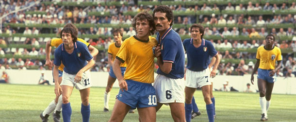 5 Jul 1982: Zico (left) of Brazil and Claudio Gentile of Italy mark each other during the World Cup Second Round match at the Sarria Stadium in Barcelona, Spain. Italy won the match 3-2. Mandatory Credit: Allsport UK /Allsport
