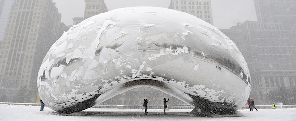 CHICAGO, IL - MARCH 5: The sculpture "Cloud Gate", commonly known as "the bean," is covered in snow on March 5, 2013 in Chicago, Illinois. The worst winter storm of the season is expected to dump 7-10 inches of snow on the Chicago area with the worst expected for the evening commute. (Photo by Brian Kersey/Getty Images)