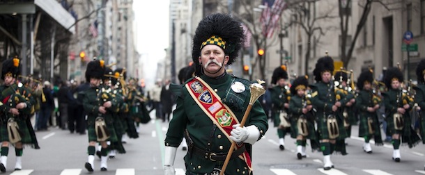 NEW YORK, NY - MARCH 16: A pipes and drums band marches on Fifth Avenue during the 252nd annual St. Patrick's Day Parade March 16, 2013 in New York City. The parade honors the patron saint of Ireland and was held for the first time in New York on March 17, 1762, 14 years before the signing of the Declaration of Independence. (Photo by Ramin Talaie/Getty Images)