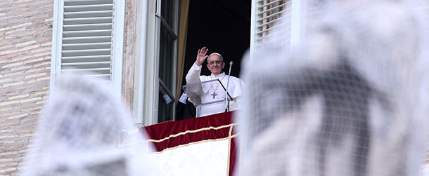 VATICAN CITY, VATICAN - MARCH 17: Pope Francis delivers his first Angelus Blessing to the faithful from the window of his private residence on March 17, 2013 in Vatican City, Vatican. The Vatican is preparing for the inauguration of Pope Francis on March 19, 2013 in St Peter's Square. (Photo by Franco Origlia/Getty Images)