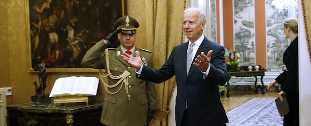 U.S. Vice President Joe Biden gestures while entering to meet Italy's President Giorgio Napolitano at the Quirinale palace in Rome on March 18, 2013. Biden is in Italy to attend the inaugural mass of newly-elected Pope Francis, which is to be held at the Vatican on Tuesday. AFP PHOTO POOL / TONY GENTILE (Photo credit should read TONY GENTILE/AFP/Getty Images)