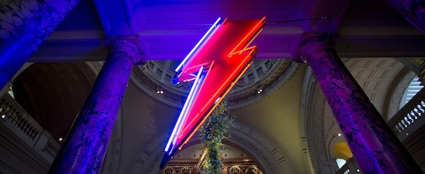 LONDON, ENGLAND - MARCH 20: David Bowies lightning bolt logo is displayed at the 'David Bowie Is' exhibition at the Victoria &amp; Albert Museum on March 20, 2013 in London, England. (Photo by Ben A. Pruchnie/Getty Images)