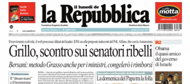 Le prime pagine di lunedì 18 marzo 2013