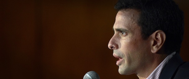 Opposition leader and governor of the Venezuelan state of Miranda, Henrique Capriles, speaks during a press conference a day after a devaluation of the currency against the US dollar took effect, on February 14, 2013, in Caracas. AFP PHOTO/JUAN BARRETO (Photo credit should read JUAN BARRETO/AFP/Getty Images)