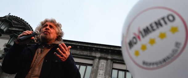 The head of the populist Five Star Movement, comedian Beppe Grillo, whose has been winning votes among those critical of Monti's austerity policy, addresses supporters during an electoral rally on February 12, 2013 in Bergamo, northern Italy. Comedian-turned-politician Beppe Grillo is candidate to the general elections on February 24-25. AFP PHOTO / GIUSEPPE CACACE (Photo credit should read GIUSEPPE CACACE/AFP/Getty Images)