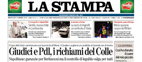 Le prime pagine di mercoledì 13 marzo 2013