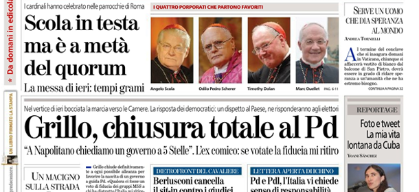Le prime pagine di lunedì 11 marzo 2013