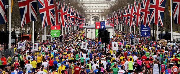 LONDON, ENGLAND - APRIL 21: Competitors stream past the finish line during the Virgin London Marathon 2013 on April 21, 2013 in London, England. (Photo by Chris Jackson/Getty Images)