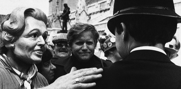 A demonstrator wearing a mask representing British Prime Minister Margaret Thatcher meets a policeman outside Britainâs House of Commons in London on Thursday, June 7, 1984 during a demonstration by striking coal miners in support of an often-violent, 13-week-old walkout over mine closures and job cuts. Fighting broke out between police and demonstrators at one stage, with police arresting an undisclosed number of people. (AP Photo)