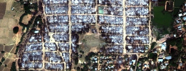 In this Wednesday, March 27, 2013 satellite image made by EUSI, DigitalGlobe and ASTRIUM and released by Human Rights Watch, fire damage is seen in a residential area in Meikhtila, Myanmar, after recent riots. New York-based Human Rights Watch released before and after satellite images showing the destruction of entire neighborhoods in recent riots. (AP Photo/Human Rights Watch/EUSI/DigitalGlobe and ASTRIUM)