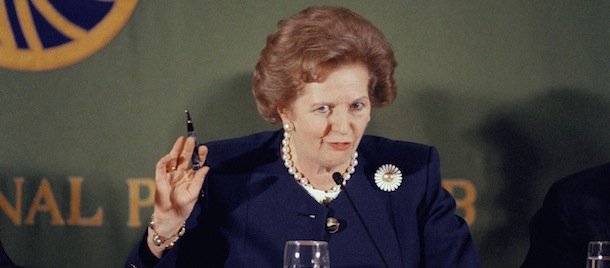 British Prime Minister Margaret Thatcher takes a tough stance against China as she makes her point during a news conference on Thursday, Sept. 21, 1989 at the Japan National Press Club in Tokyo. She will wrap up her four-day visit to Japan with a speech before Friday?s meeting of the International Democrat Union. (AP Photo/Katsumi Kasahara)
