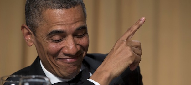 President Barack Obama ackowledges late-night television host and comedian Conan O'Brien during the White House Correspondents' Association Dinner at the Washington Hilton Hotel, Saturday, April 27, 2013, in Washington. (AP Photo/Carolyn Kaster)