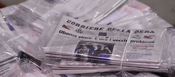 The November 8, 2012 edition of the Italian newspaper ?Corriere della Sera? with its frontpage on the results of the US election is ready to be delivered late on November 7, 2012 at the printing house of the newspaper in Milan. Italian Foreign Minister Giulio Terzi the same day said that US President Barack Obama's re-election makes America "stronger" and more ready to engage on major issues like the eurozone debt crisis. (Photo credit should read GIUSEPPE CACACE/AFP/Getty Images)