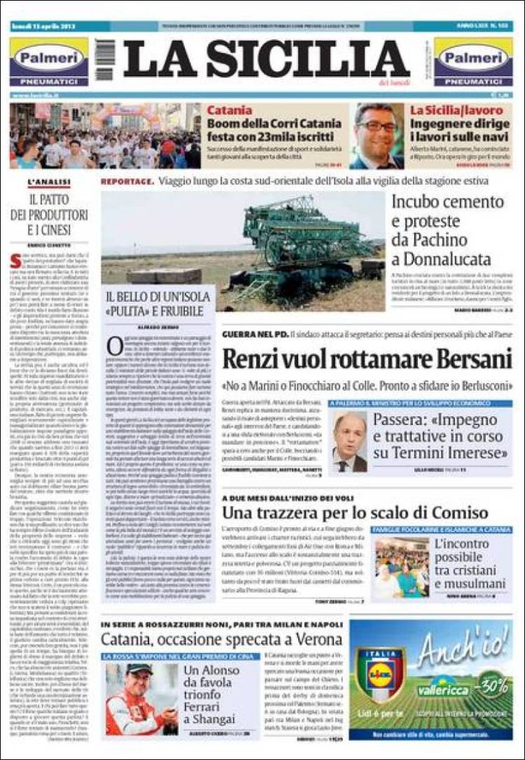 Le prime pagine di lunedì 15 aprile 2013 Il Post