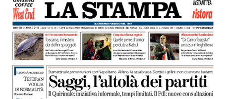 Le prime pagine di martedì 2 aprile 2013