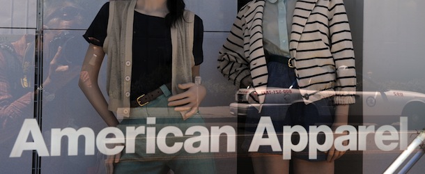 The exterior of an American Apparel clothing store in West Hollywood, California on August 18, 2010. American Apprarel, the Made-in-Los-Angeles hipster casual company that built a global following and a fortune on the back of T-shirts and its founder's antics, has seen its financial health tank. The company, famous for its flashy multicolored T-shirts and clothes that are somewhere between sporty and clubby has warned it is expecting losses for the first two quarters of this year in addition to those of 2009. It has made its 100-percent Made in the USA motto a calling card when the norm is outsourcing production to Asia. AFP PHOTO/Mark RALSTON (Photo credit should read MARK RALSTON/AFP/Getty Images)