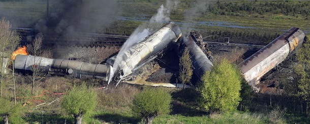 Aerial picture taken on May 4, 2013 of an exploded freight train on a track near Schellebelle, 20 kms east of Gent on May 4, 2013. Belgian authorities on May 4 evacuated nearly 300 people from their homes after several cars of a train carrying chemicals derailed, causing a major fire near the city of Gent. Nobody was hurt in the accident which happened around 2:00 am (0000 GMT) between the towns of Schellebelle and Wetteren, said Infrabel, the entity responsible for the Belgian railway network. AFP PHOTO / BELGA / BENOIT DOPPAGNE -Belgium Out- (Photo credit should read BENOIT DOPPAGNE/AFP/Getty Images)