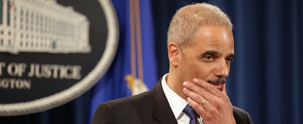 WASHINGTON, DC - MAY 14: U.S. Attorney General Eric Holder holds a Medicare fraud news conference at which he said he recused himself last year from a national security leak probe in which prosecutors obtained the phone records of Associated Press journalists at the Justice Department May 14, 2013 in Washington, DC. Holder faced a large number of questions about his department's investigation targeting phone records and data from the Associated Press. (Photo by Chip Somodevilla/Getty Images)