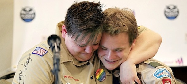 GRAPEVINE, TX - MAY 23: Jennifer Tyrrell of Bridgeport, Ohio, hugs Pascal Tessier, 16, of Kensington, Maryland, at a press conference held at the Great Wolf Lodge in Grapevine, Texas, to address the results of the anti-discrimination resolution voted on by the Boy Scouts of America on Thursday, May 23, 2013. (Photo by Stewart House/Getty Images)