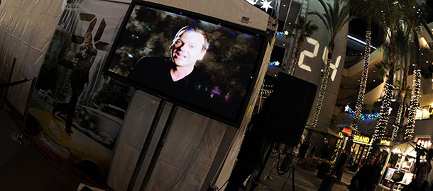 View of the of the plexiglas structure where fans watch continuous episodes of "24" in an attempt to break the current Guinness World record of 86 hours for the longest consecutive television viewing on December 2, 2010 in Hollywood, California. 100 people will try to win $10,000 for the last alert Jack Bauer's fan after the "24" marathon challenge. AFP PHOTO / GABRIEL BOUYS (Photo credit should read GABRIEL BOUYS/AFP/Getty Images)