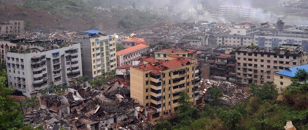 A general view of the damaged town of Beichuan in southwest China's Sichuan province on May 13, 2008. China has dispatched 100,000 military personnel and police to help with rescue work, as the death toll from China's worst earthquake in over three decades climbed to over 12,000 with many thousands more trapped under crushed houses, schools and factories. AFP PHOTO/XINHUA (Photo credit should read AFP/AFP/Getty Images)