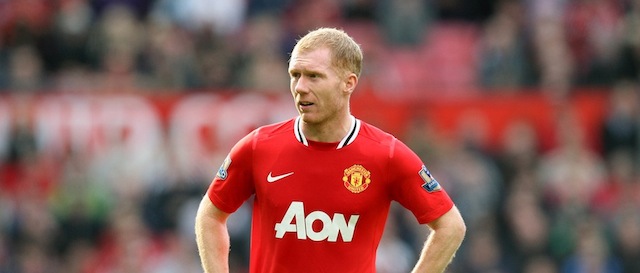 Manchester United's Paul Scholes, is seen during their English Premier League soccer match against West Bromwich Albion at Old Trafford, Manchester, England, Sunday, March 11, 2012. (AP Photo/Scott Heppell)
