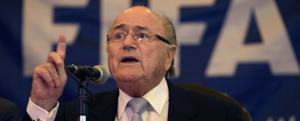 FIFA President Joseph S. Blatter gives a press conference at Hotel Nacional in Havana, Cuba, Wednesday, April 17, 2013. Blatter made a stop in Cuba on his way to Panama, where he will attend attend the CONCACAF annual congress. (AP Photo/Franklin Reyes)