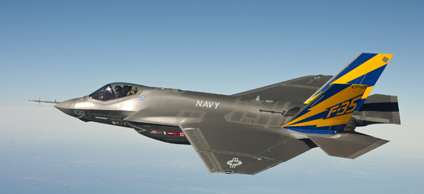 IN AIR, NAVAL AIR STATION PATUXENT RIVER, MD - FEBRUARY 11: (EDITORS NOTE: Image has been received by U.S. Military prior to transmission) In this image released by the U.S. Navy courtesy of Lockheed Martin, the U.S. Navy variant of the F-35 Joint Strike Fighter, the F-35C, conducts a test flight February 11, 2011 over the Chesapeake Bay. Lt. Cmdr. Eric "Magic" Buus flew the F-35C for two hours, checking instruments that will measure structural loads on the airframe during flight maneuvers. The F-35C is distinct from the F-35A and F-35B variants with larger wing surfaces and reinforced landing gear for greater control when operating in the demanding carrier take-off and landing environment. (Photo by U.S. Navy photo courtesy Lockheed Martin via Getty Images)