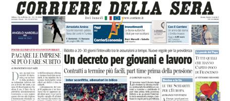 Le prime pagine di lunedì 20 maggio 2013