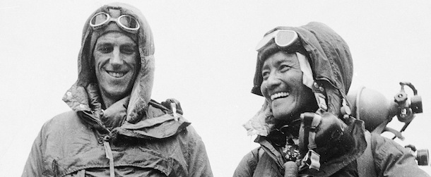 ** FILE **Sardar Tenzing Norgay of Nepal and Edmund P. Hillary of New Zealand, left, show the kit they wore when conquering the world's highest peak, the Mount Everest, on May 29, at the British Embassy in Katmandu, capital of Nepal, in this June 26, 1953 file photo. Hillary, the unassuming beekeeper who conquered Mount Everest to win renown as one of the 20th century's greatest adventurers, has died, New Zealand Prime Minister Helen Clark announced Friday. He was 88. (AP Photo, File)