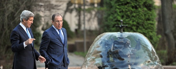 Russian Foreign Minister Sergey Lavrov, right, and U.S. Secretary of State John Kerry walk prior to their talks in the garden of the Foreign Ministry mansion in Moscow, Russia, Tuesday, May 7, 2013. Secretary of State John Kerry on Tuesday argued the U.S. case to Russian President Vladimir Putin for Russia to take a tougher stance on Syria at a time when Israel's weekend air strikes against the beleaguered Mideast nation have added an unpredictable factor to the talks. (AP Photo/Mladen Antonov, Pool)