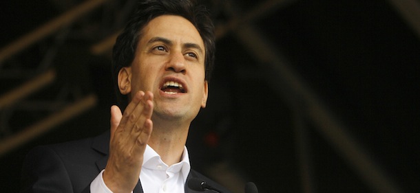 Leader of the British opposition Labour Party Ed Miliband speaks to demonstrators at a rally in Hyde Park as they take part in a protest march against government austerity measures through central London, Saturday, Oct. 20, 2012. Tens of thousands of demonstrators descended on the British capital Saturday in a noisy but peaceful protest at a government austerity drive aimed at slashing the nation's debt. (AP Photo/Alastair Grant)