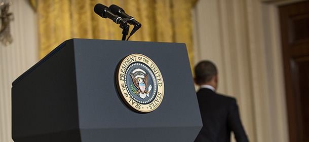 US President Barack Obama leaves after making a statement in the East Room of the White House May 15, 2013 in Washington, DC. Obama spoke about the recent scandal where the Internal Revenue Service is accused of targeting conservative organizations and announced that Acting IRS Commissioner Steven T. Miller had resigned. AFP PHOTO/Brendan SMIALOWSKI (Photo credit should read BRENDAN SMIALOWSKI/AFP/Getty Images)