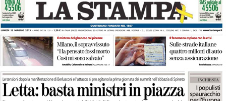 Le prime pagine di lunedì 13 maggio 2013