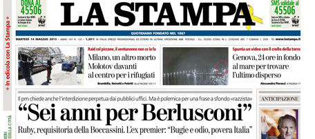Le prime pagine di martedì 14 maggio 2013