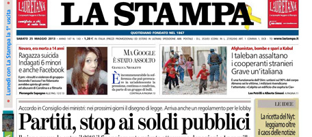 Le prime pagine di sabato 25 maggio 2013