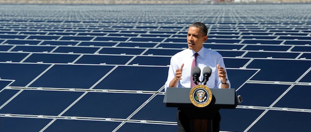 U.S. President Barack Obama speaks at Sempra U.S. Gas &amp; Power's Copper Mountain Solar 1 facility, the largest photovoltaic solar plant in the United States on March 21, 2012 in Boulder City, Nevada. Obama is on a four-state tour promoting his energy policies.