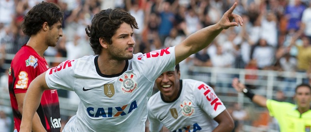Pato (C) of Corinthians celebrates after his first goal against Oeste during their Paulista championship football match at Pacaembu stadium in Sao Paulo, Brazil on February 3, 2013. AFP PHOTO/Yasuyoshi CHIBA (Photo credit should read YASUYOSHI CHIBA/AFP/Getty Images)
