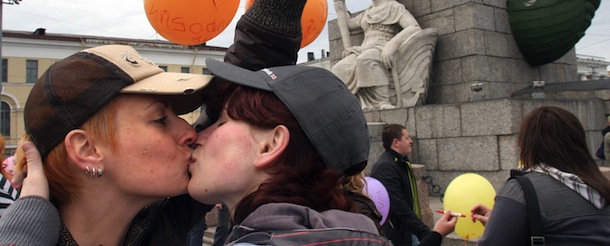 Lesbians kiss during a gay rights rally in St. Petersburg on May 17, 2009. AFP PHOTO / INTERPRESS / ELENA PALM (Photo credit should read ELENA PALM/AFP/Getty Images)