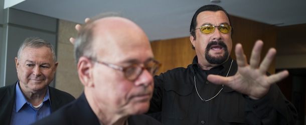 Rep. Dana Rohrabacher, left, who is leading a U.S. Congressional delegation to the Russian Federation, Rep. Steven Cohen, center, and U.S. actor Steven Seagal, right, speak to the media after a news conference in U.S. Embassy in Moscow, Russia, Sunday, June 2, 2013. A U.S. Congressional delegation to Russia learned little about what could have been done to prevent the Boston Marathon bombings, but got to hang out with Steven Seagal. Rep. Dana Rohrabacher, a California Republican who led the six-person delegation this week, said at a press conference Sunday that there was Ã¬nothing specificÃ® that could have helped AprilÃ­s bombings, but that the U.S. and Russia needed to work more closely on joint security threats.(AP Photo/Alexander Zemlianichenko)