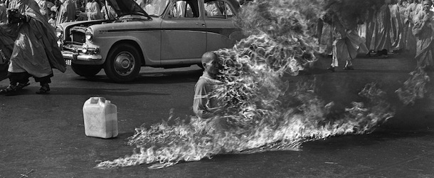 EDS NOTE: GRAPHIC CONTENT - Thich Quang Duc, a Buddhist monk, burns himself to death on a Saigon street June 11, 1963 to protest alleged persecution of Buddhists by the South Vietnamese government. (AP Photo/Malcolm Browne)