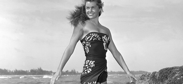 FILE - This May 1950 file publicity photo originally released by Metro-Goldwyn-Mayer shows Esther Williams on location for the film "Pagan Love Song. According to a press representative, Williams died in her sleep on Thursday, June 6, 2013, in Beverly Hills, Calif. She was 91. (AP Photo/Metro-Goldwyn-Mayer, file)