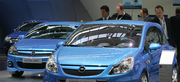 An Opel Corsa (R) and and Opel Astra of the OPC series are on display at the 62nd International Motor Show (IAA), 11 September 2007 in Frankfurt/Main. The fair will be open for the public from 13 to 23 September 2007. AFP PHOTO DDP/JUERGEN SCHWARZ GERMANY OUT (Photo credit should read JUERGEN SCHWARZ/AFP/Getty Images)