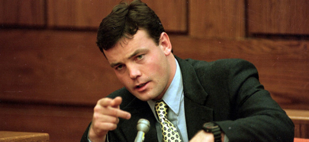 John Bobbitt points during testimony in the sixth day of Lorena Bobbitt's sexual abuse trial against him at the Prince William Courthouse in Manassas, Va., Wednesday, Jan. 19, 1994. (AP Photo/Scott Applewhite)