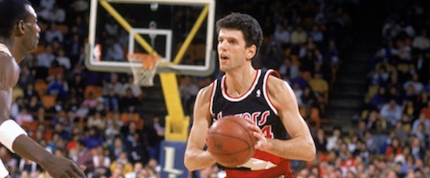 INGLEWOOD, CA - 1989-90: Drazen Petrovic #44 of the Portland Trail Blazers passes the ball during the game against the Los Angeles Lakers during a 1989-90 season game at the Great Western Forum in Inglewood, California. NOTE TO USER: User expressly acknowledges and agress that, by downloading and or using this photograph, User is consenting to the terms and conditions of the Getty Images License Agreement. (Photo by Ken Levine/Getty Images)