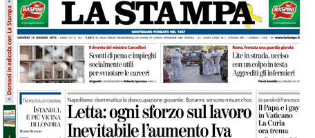 Le prime pagine di giovedì 13 giugno 2013