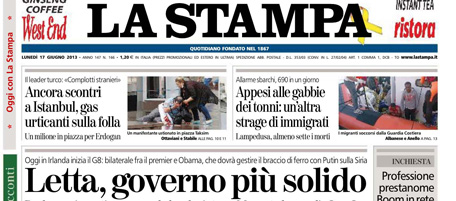 Le prime pagine di lunedì 17 giugno 2013